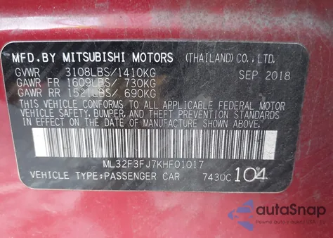 2019 Mitsubishi Mirage G4 Es from USA, damaged, VIN ML32F3FJ7KHF01017